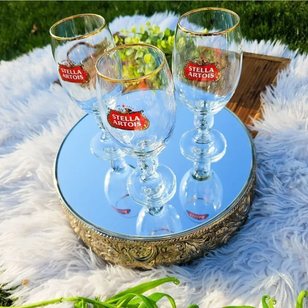 Set Of 3 Gold Rim 33cl Stella Artois Beer Chalice Glasses.